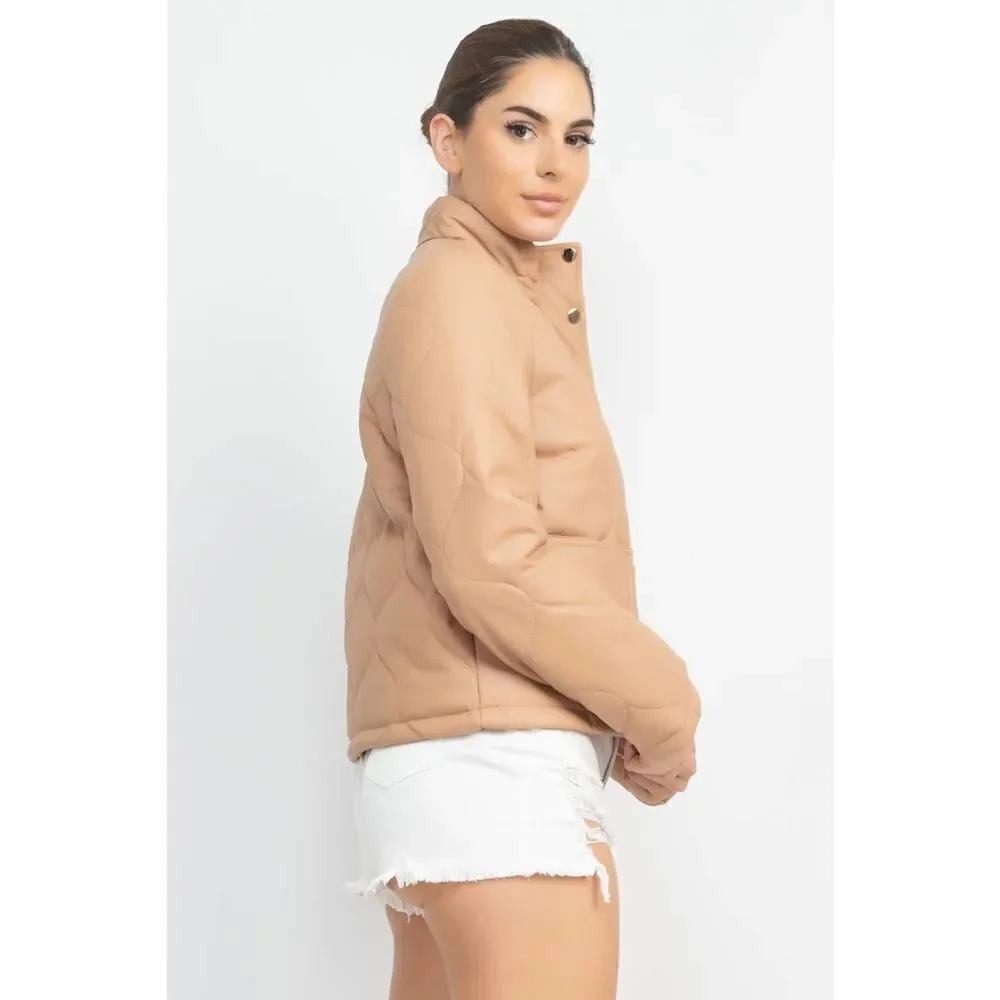 Taupe Mock Neck Quilted Jacket - Picture 3 of 5